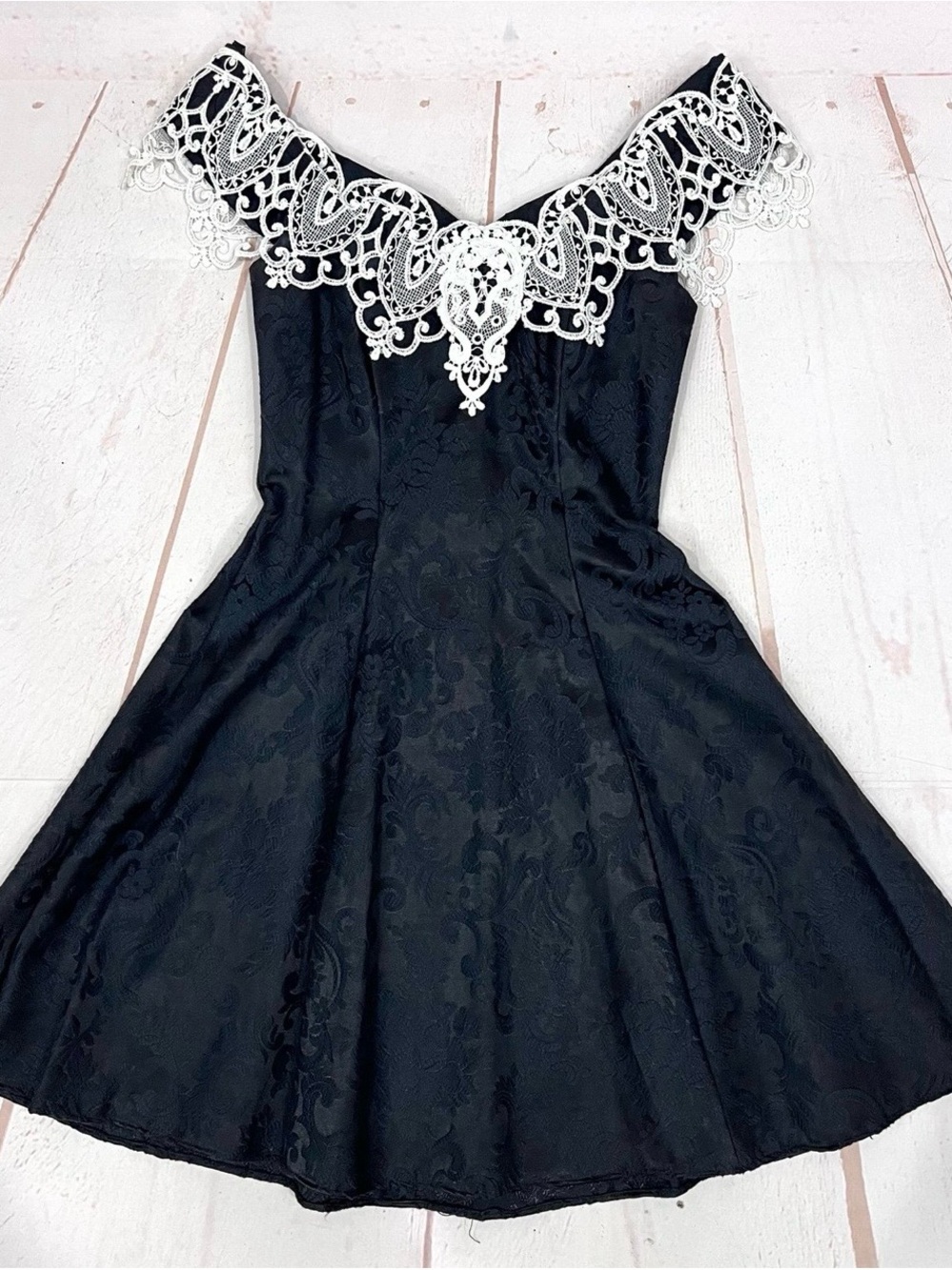Jessica McClintock Black One-Shoulder Dress with White Lace Appliqué